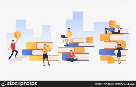 Urban background with people, money and books vector illustration. Freelance, earning money, city life. Finance concept. Creative design for layouts, web pages, banners. Urban background with people, money and books vector
