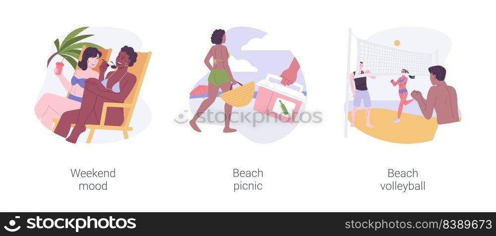 Urban beach isolated cartoon vector illustrations set. Summer weekend mood, beach picnic, play volleyball with friends, drink cocktails, recreation day, leisure time together vector cartoon.. Urban beach isolated cartoon vector illustrations set.