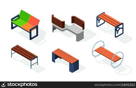 Urban benches isometric. Outdoor city decoration wooden square comfort furniture garish vector 3d illustrations. Urban bench isometric for park outdoor city. Urban benches isometric. Outdoor city decoration wooden square comfort furniture garish vector 3d illustrations