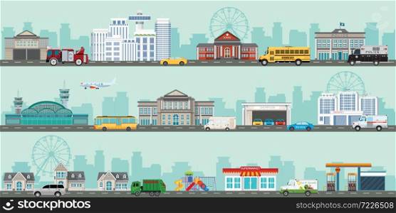 Urban big cityscape with various large modern buildings and suburb with private houses, City life flat infographic design template. vector illustration.
