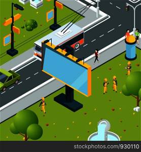 Urban billboards isometric. Town with blank places for advertizing on boards led panels light boxes vector street landscape. illustration of urban advertising board, street signpost display. Urban billboards isometric. Town with blank places for advertizing on boards led panels light boxes vector street landscape