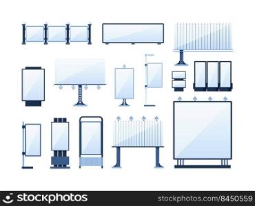 Urban billboards. Outdoor city place for banners various ads boards templates vector garish flat pictures isolated. Illustration of billboard city banner, urban commercial advertising. Urban billboards. Outdoor city place for banners various ads boards templates vector garish flat pictures isolated
