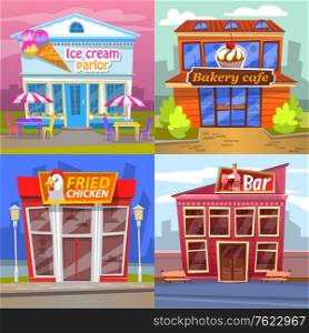 Urban building set ice cream parlor, bakery cafe, fried chicken market or restaurant and bar. Exterior of snack place with terrace, pub architecture vector, buildings for game. City Cafe with Terrace, Urban Restaurant Vector