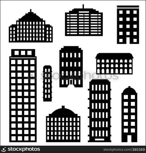 Urban building silhouette set, black images of city structures isolated on white. Urban building silhouette set