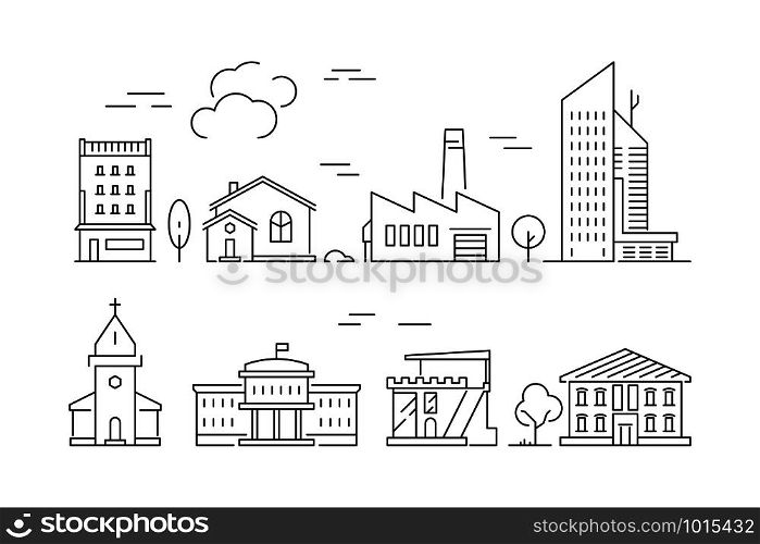 Urban buildings icon. Houses living rooms villa exterior suburban vector linear symbols isolated. Illustration of building city, house cityscape outline. Urban buildings icon. Houses living rooms villa exterior suburban vector linear symbols isolated