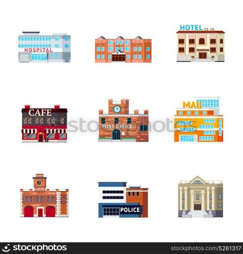 Urban Buildings Icon Set. Orthogonal icons set with isolated images of different purpose city buildings facade looks and architectural form vector illustration
