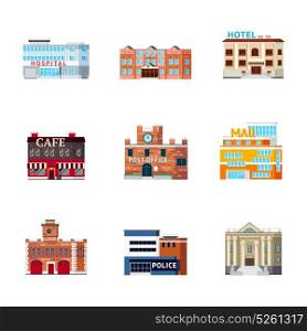 Urban Buildings Icon Set. Orthogonal icons set with isolated images of different purpose city buildings facade looks and architectural form vector illustration