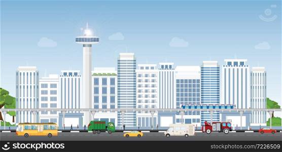 Urban city landscape with contemporary buildings, people and transportation, City life Concept, Flat style vector illustration.