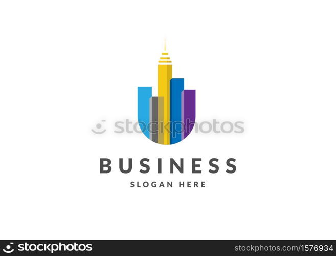 urban city logo, initial letter u with colorful skylines building logo concept, real estate letter u logo