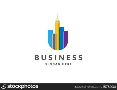 urban city logo, initial letter u with colorful skylines building logo concept, real estate letter u logo