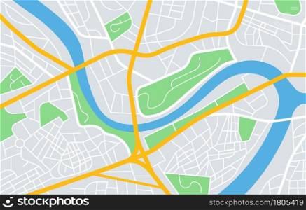 Urban city map, town streets gps navigation. Downtown map with roads, parks and river. Abstract roadmap navigations scheme vector illustration. Topographic map with different areas. Urban city map, town streets gps navigation. Downtown map with roads, parks and river. Abstract roadmap navigations scheme vector illustration