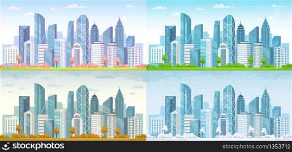 Urban city seasons. Spring town, summer, autumn urban panorama and cold winter cityscape vector background illustration set. City urban spring season, outdoor landscape summer. Urban city seasons. Spring town, summer, autumn urban panorama and cold winter cityscape vector background illustration set