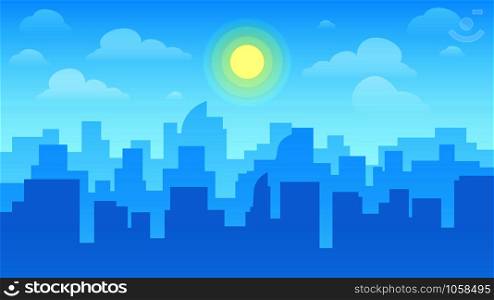 Urban cityscape. City architecture, skyscrapers buildings and town landscape with sun on cloudy sky or business center building. Daytime skyline cityscape flat vector background illustration. Urban cityscape. City architecture, skyscrapers buildings and town landscape with sun on cloudy sky vector background illustration