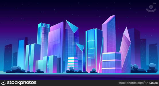 Urban cityscape panoramic night banner vector cartoon illustration with buildings, city skyline with skyscraper and tower architecture, megapolis landscape, town scenic background. Urban building skyline panoramic night banner