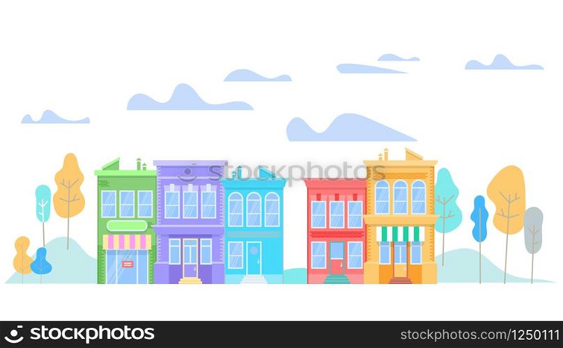 Urban Cityscape Skyline on White Background. Colorful Modern City Buildings Stand in Raw on Trees and Cloudy Sky Background. Real Estate in Warm Summer Time. Friendly Houses Flat Vector Illustration.. Colorful Modern Friendly Buildings Stand in Raw.