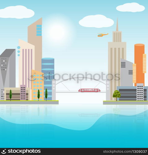 Urban cityscape with colorful buildings and city transportation . Urban landscape illustration