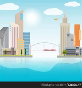 Urban cityscape with colorful buildings and city transportation . Urban landscape illustration
