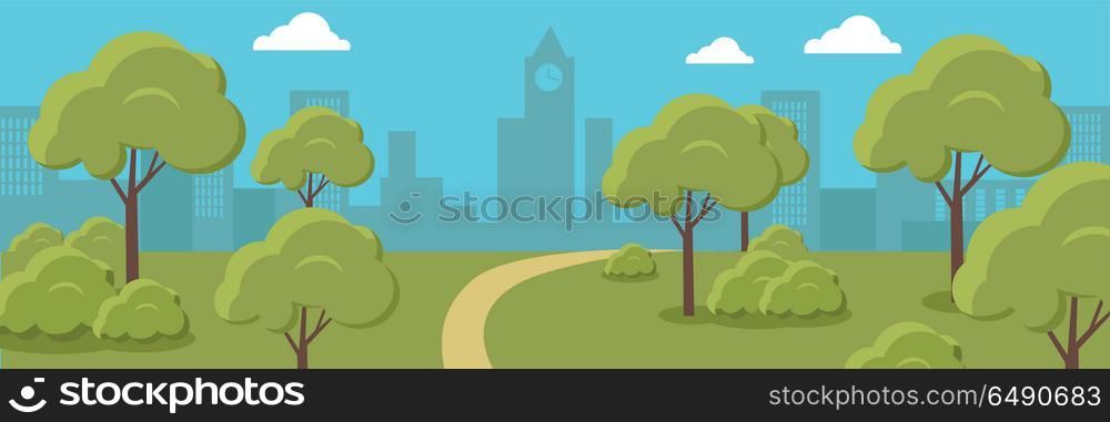 Urban Cityscape with Park.. Urban cityscape with park, trees, shrubs, blue sky and white clouds. Silhouettes of buildings. Office buildings, building scenery, clock tower, urban landscape, urban background, city panorama