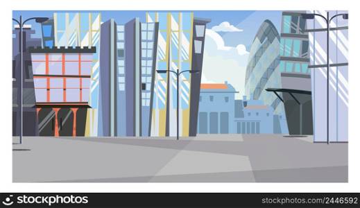 Urban cityscape with tall buildings vector illustration. Modern city street with office buildings and street lights. Exterior illustration