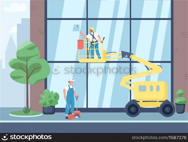 Urban cleaning flat color vector illustration. Cleaners team 2D cartoon characters with city on background. Commercial janitorial service. Building windows cleaning and street sweeping. Urban cleaning flat color vector illustration