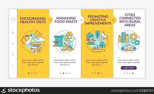 Urban comfort ideas yellow onboarding template. Higher life quality. Responsive mobile website with linear concept icons. Web page walkthrough 4 step screens. Lato-Bold, Regular fonts used. Urban comfort ideas yellow onboarding template