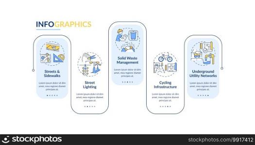 Urban construction vector infographic template. Public illumination presentation design elements. Data visualization with 5 steps. Process timeline chart. Workflow layout with linear icons. Urban construction vector infographic template