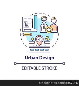 Urban design concept icon. Co-design application field idea thin line illustration. Designing streets and spaces, towns and cities. Vector isolated outline RGB color drawing. Editable stroke. Urban design concept icon