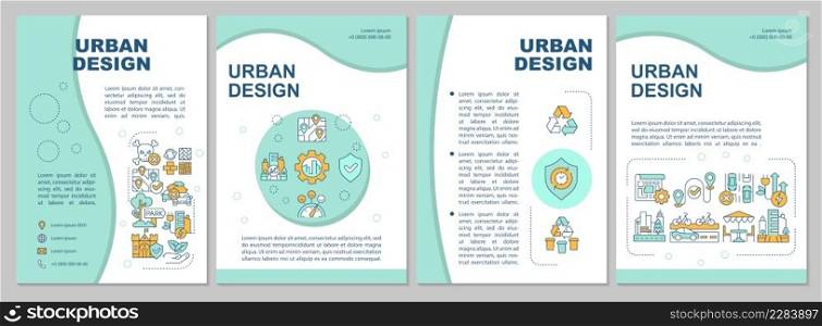 Urban design mint brochure template. City planning and development. Leaflet design with linear icons. 4 vector layouts for presentation, annual reports. Arial, Myriad Pro-Regular fonts used. Urban design mint brochure template