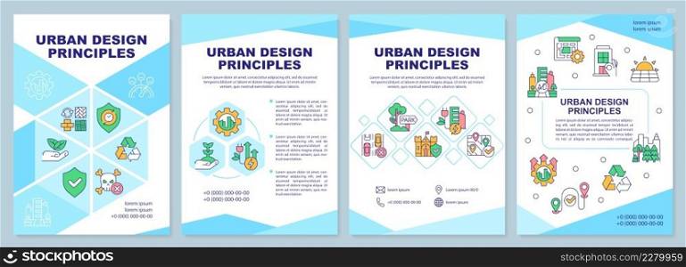Urban design principles blue brochure template. Comfortable city. Leaflet design with linear icons. 4 vector layouts for presentation, annual reports. Arial-Black, Myriad Pro-Regular fonts used. Urban design principles blue brochure template