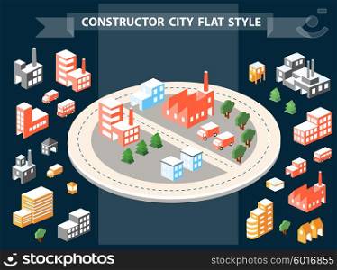 Urban Designer landscapes of the city. Design set in a flat style with houses, roads and transport