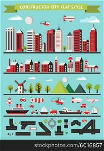 Urban Designer landscapes of the city. Design set in a flat style with houses, roads and transport
