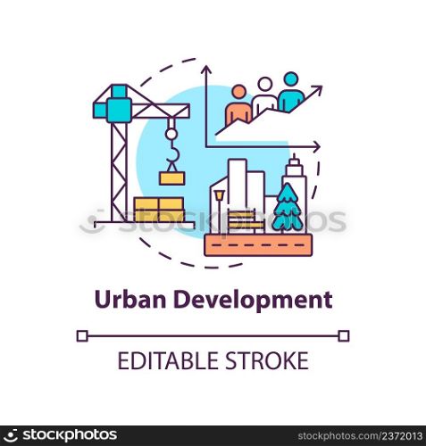 Urban development concept icon. Population growth. Social planning example abstract idea thin line illustration. Isolated outline drawing. Editable stroke. Arial, Myriad Pro-Bold fonts used. Urban development concept icon