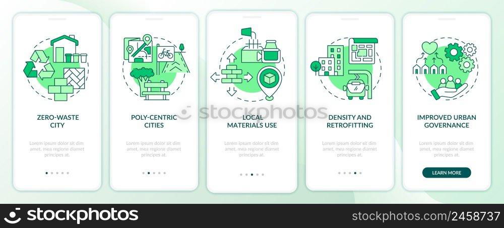 Urban development principles green onboarding mobile app screen. Walkthrough 5 steps graphic instructions pages with linear concepts. UI, UX, GUI template. Myriad Pro-Bold, Regular fonts used. Urban development principles green onboarding mobile app screen