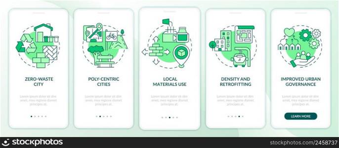 Urban development principles green onboarding mobile app screen. Walkthrough 5 steps graphic instructions pages with linear concepts. UI, UX, GUI template. Myriad Pro-Bold, Regular fonts used. Urban development principles green onboarding mobile app screen