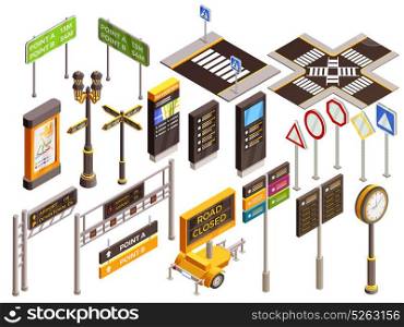 Urban Direction Signs Set. City navigation isometric elements set with isolated realistic images of street pedestrian and traffic signs images vector illustration