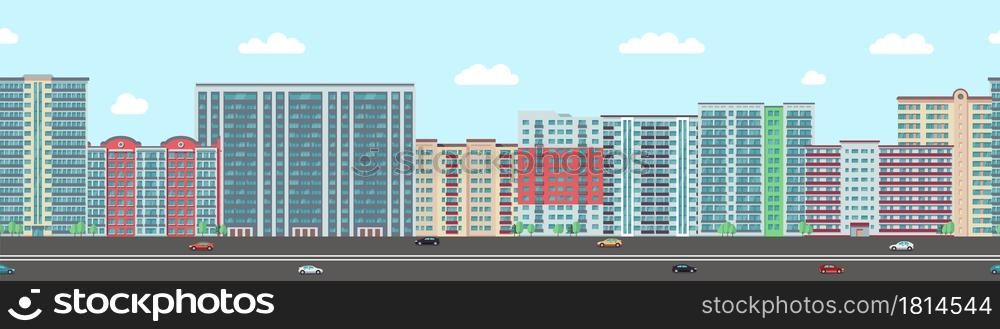Urban district panorama. Modern town, apartment buildings or real estate background. Flat houses and cars road vector seamless pattern. District panorama cityscape, residential construction building. Urban district panorama. Modern town, apartment buildings or real estate background. Flat houses and cars on road vector seamless pattern
