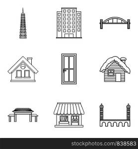 Urban edifice icons set. Outline set of 9 urban edifice vector icons for web isolated on white background. Urban edifice icons set, outline style