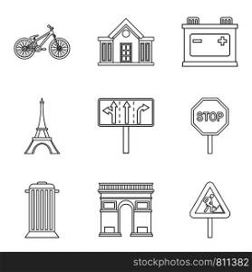 Urban element icons set. Outline set of 9 urban element vector icons for web isolated on white background. Urban element icons set, outline style
