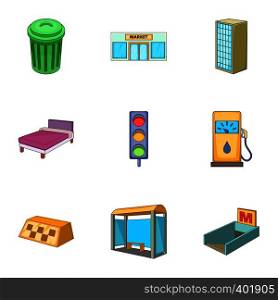 Urban elements icons set. Cartoon illustration of 9 urban elements vector icons for web. Urban elements icons set, cartoon style