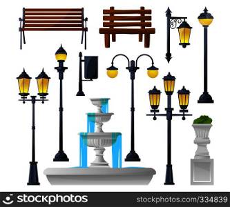 Urban elements set. Street lamps, fountain, park benches and wastebaskets. Vector illustration. Park street lamp and wooden bench and lantern light, fountain and trashcan. Urban elements set. Street lamps, fountain, park benches and wastebaskets. Vector illustration