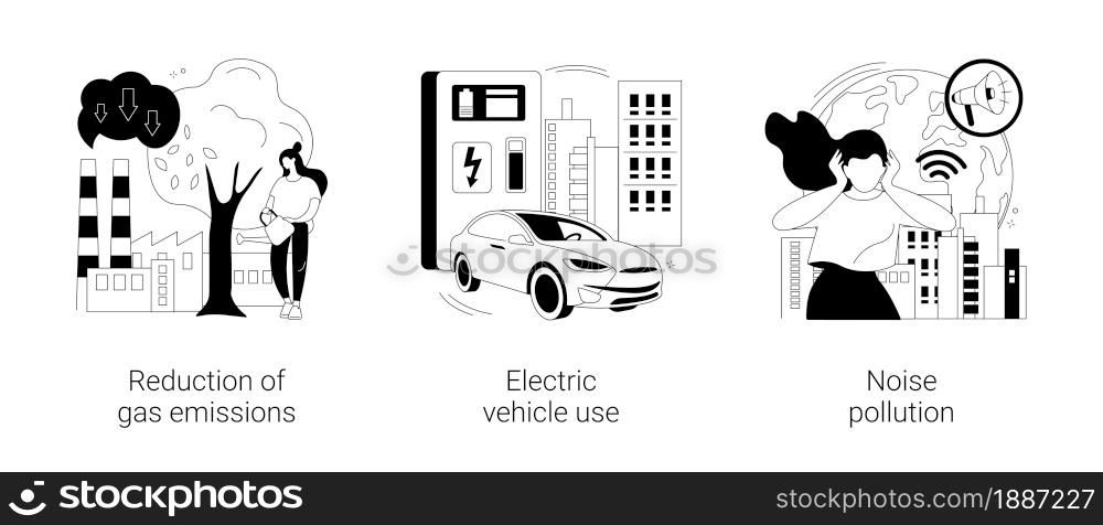 Urban environment abstract concept vector illustration set. Reduction of gas emissions, electric vehicle use, noise pollution, Co2 greenhouse gas, eco-friendly transportation abstract metaphor.. Urban environment abstract concept vector illustrations.