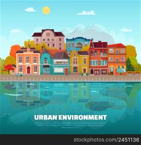 Urban environment background with buildings trees and river flat vector illustration. Urban Environment Background