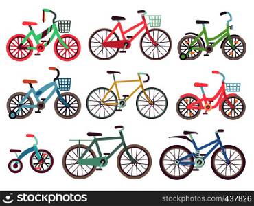 Urban family bikes flat vector set. Different bicycles collection. Urban bike and sport transport for family, transportation bicycle illustration. Urban family bikes flat vector set. Different bicycles collection