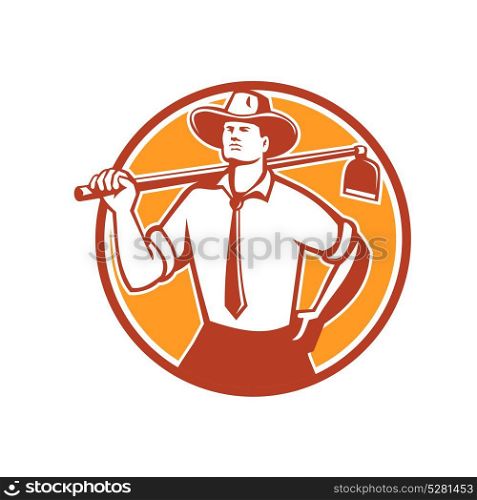 Urban Farmer Grab Hoe Circle Retro. Retro style illustration of an urban farmer looking forward wearing a neck tie and cowboy hat holding a grab hoe on shoulder set inside circle on isolated background.. Urban Farmer Grab Hoe Circle Retro