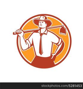 Urban Farmer Grab Hoe Circle Retro. Retro style illustration of an urban farmer looking forward wearing a neck tie and cowboy hat holding a grab hoe on shoulder set inside circle on isolated background.. Urban Farmer Grab Hoe Circle Retro