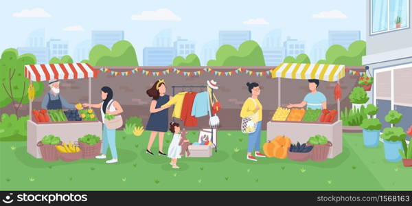 Urban farmer market flat color vector illustration. Sellers counters with clothes and food. Family buy organic vegetables. City marketplace 2D cartoon landscape with characters on background. Urban farmer market flat color vector illustration