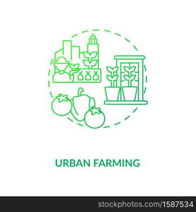 Urban farming concept icon. Cities agriculture future innovations. Healthy gardening in town. Food production idea thin line illustration. Vector isolated outline RGB color drawing. Urban farming concept icon