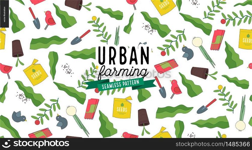 Urban farming, gardening or agriculture seamless pattern.. Urban farming and gardening pattern