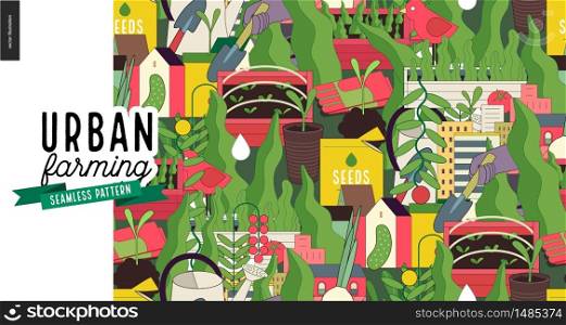 Urban farming, gardening or agriculture seamless pattern.. Urban farming and gardening pattern