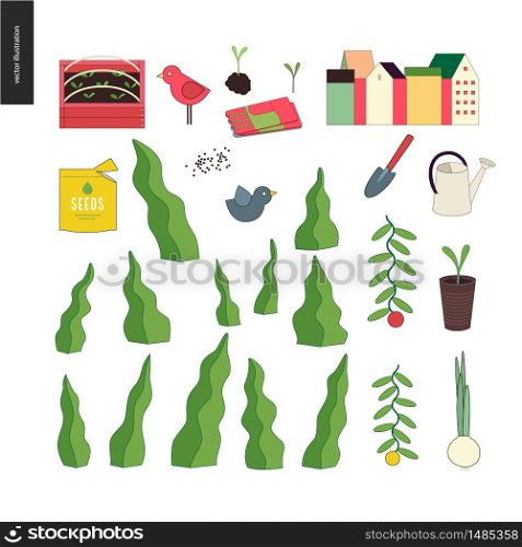 Urban farming, gardening or agriculture. Set of hands wearing the gauntlet holding sprouts and a scoop, and a block of town houses. Urban farming and gardening hands set
